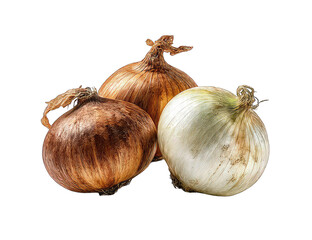 Three onions, varying shades of brown and white, displayed against a black background