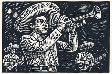 Mexican mariachi band performs on stage. A musician plays the trumpet. Vector illustration in a vintage woodcut or linocut print style.