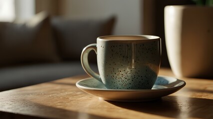 Fototapeta premium Close-up of a ceramic coffee mug and a saucer on a coffee table with morning light 
