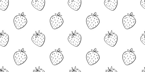 Seamless pattern with strawberry vector doodle illustration on white, berry outline sketch, hand drawn icon of summer food and flowers