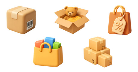 Fototapeta premium 3D Delivery and Shopping Icons Set – Packages, Shopping Bags, Parcel Box and Teddy Bear – PNG Isolated on Transparent Background 