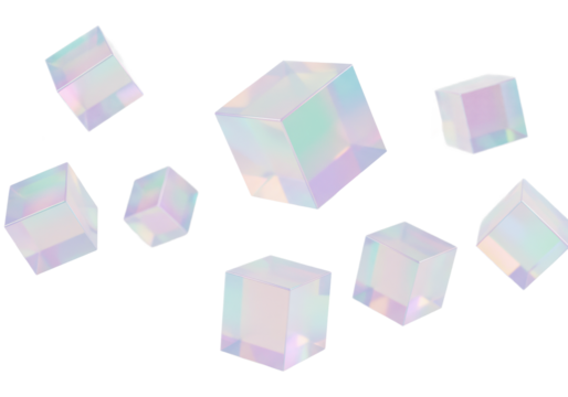 Floating, perfectly formed iridescent 3D cubes with holographic pastel colors (lavender, mint green, baby pink, sky blue, peach) against a transparent background with subtle blurred bokeh orbs.