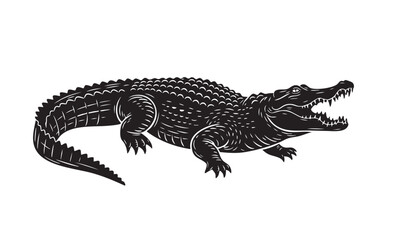 Fototapeta premium Vector of black and white illustration of a fierce crocodile with open jaws. Reptile.