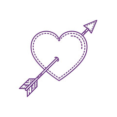 Stylized purple outline of a heart pierced by an arrow isolated on white background