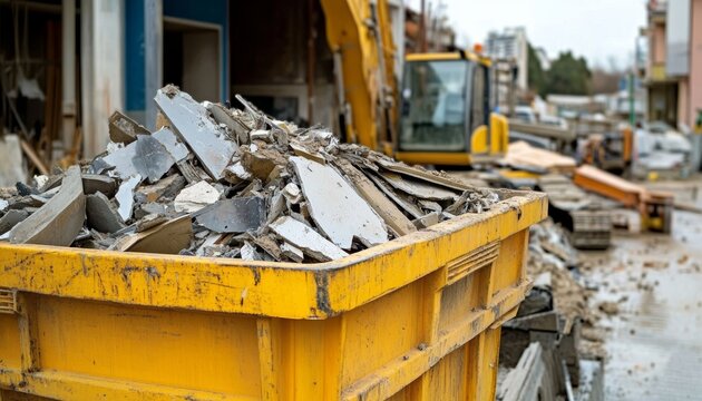 Construction Demolition Waste Container Overflowing with Debris Ready for Removal from Job Site