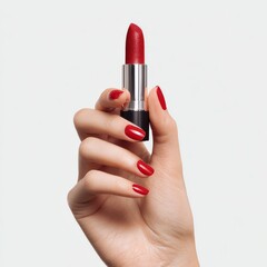 Close up of a woman hand holding a red lipstick isolated on white background.