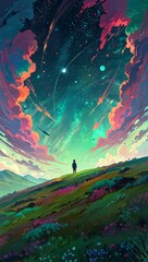 Fototapeta premium Celestial Dreamscape: A lone figure gazes up at a vibrant night sky where comets streak and the aurora dances, standing on a rolling hillscape filled with lush, colorful wildflowers.