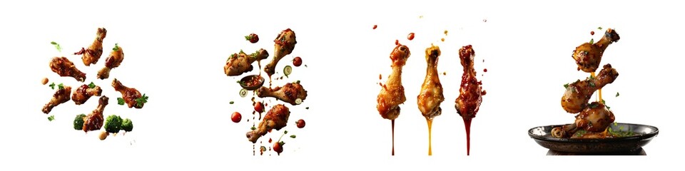 Set of fried chicken pieces with flying ingredients isolated on transparent background