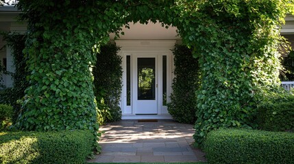 Obraz premium Front door framed by greenery vine, stone pathway. Showcasing nature's beauty enhancing home's curb appeal.