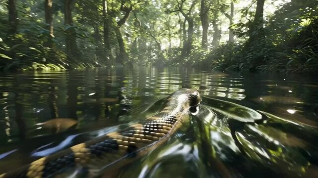 Large green anaconda swimming gracefully in a murky jungle river, surrounded by dense tropical foliage, highlighting wildlife and natural habitat