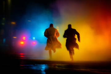 Nighttime Chase: A dramatic shot of two figures sprinting away from a police car, immersed in a captivating scene illuminated by the car's flashing lights, and mysterious atmosphere.