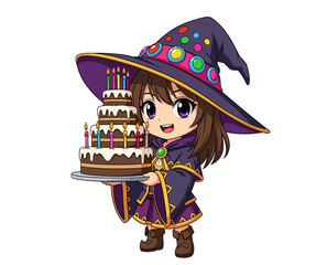 Adorable young girl witch stands and holds up a large chocolate birthday cake with lots of candles - isolated white background cartoon illustration