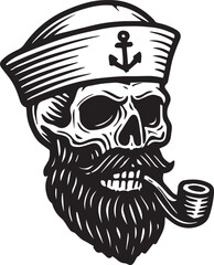 sailor skull with beard smoking a pipe vector illustration