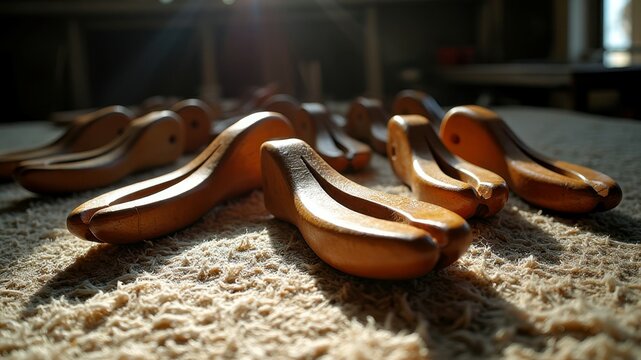 Wooden shoe lasts on workshop table in sunlight