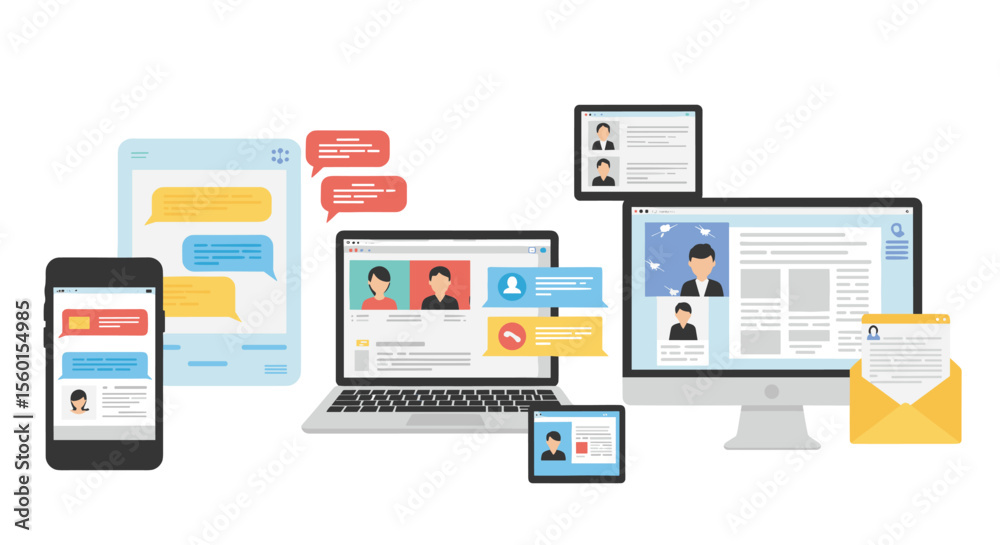 Poster digital communication vector illustration: devices and online interaction in flat style for web desi