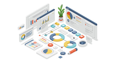 Fototapeta premium Isometric business analytics infographic with charts and data elements for digital design