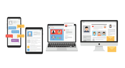 Communication technology vector illustration: devices with messaging and video call interface for digital communication design