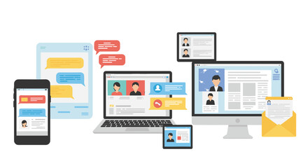 Fototapeta premium Digital communication vector illustration: devices and online interaction in flat style for web design