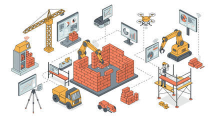 Fototapeta premium Construction technology and robotics in building site vector illustration for design projects
