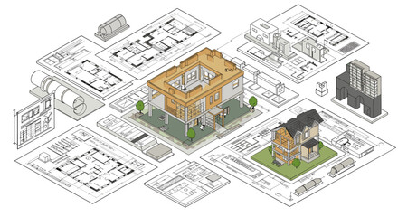 Architectural design elements: detailed vector illustration of modern houses in isometric style