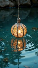 Glowing lantern reflecting on tranquil water surface at dusk