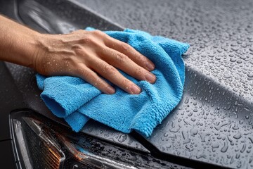 A hand is wiping water droplets off a dark car hood with blue towel. Show car detailing or illustrate automotive care and maintenance.