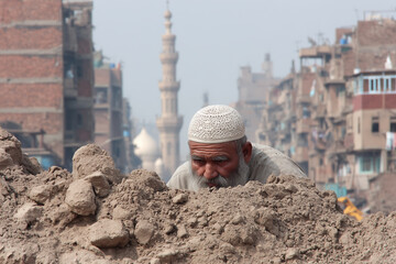 Man amidst the ruins: A poignant scene unfolds as a man surveys a cityscape in ruins, his weathered face conveying resilience and reflection amidst the rubble of destruction.