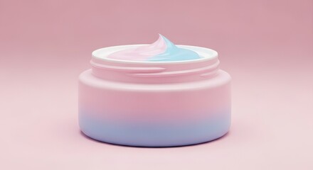 Pastel Pink and Blue Cosmetic Cream Jar on Pink Surface


