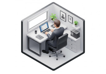3d icon of a businessman sitting with a laptop, wearing suit, modern office setting, business style, isometric view, minimal render.