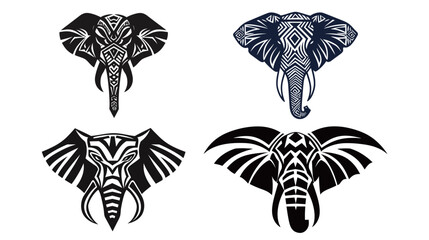 Elephant head tribal silhouette with geometric patterns, bold black vector art for tattoos and ethnic designs