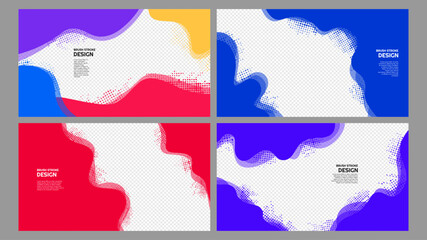 Fototapeta premium Vector illustration. Colorful fluid motion concept. Abstract color frame set. Liquid wavy pattern with halftone dots. Design for web banner, presentation template, horizontal border overlay