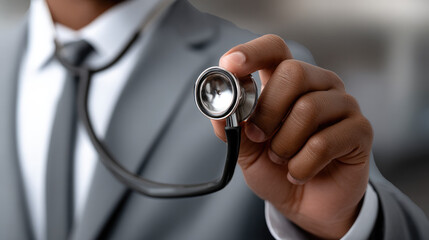 Doctor holding stethoscope in hand, close up, professional medical care, confident, healthcare concept, suit, focus on instrument