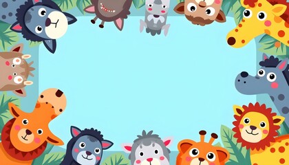 Fototapeta premium Cute cartoon animals surround a large empty blue frame
