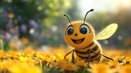 Happy bee in a flower field at sunrise