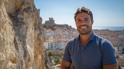 Smiling man cliffside, coastal town backdrop, travel blog