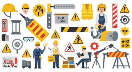 Fototapeta premium Workplace safety and construction vector illustration for industrial design and training materials
