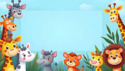 Naklejka premium Cute cartoon animals surround a large empty blue frame