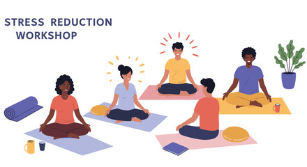 Stress reduction workshop with people meditating in group - flat vector illustration for wellness and relaxation design