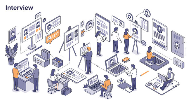 Job interview process vector illustration in isometric style for business and hr design