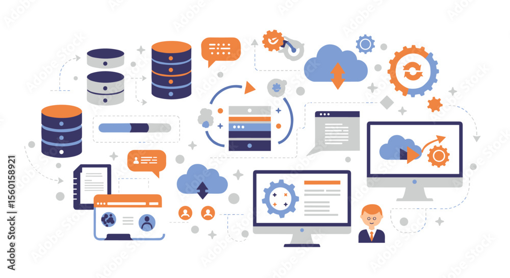 Poster flat style cloud computing and data management vector illustration for design and print