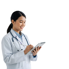A smiling asian doctor in a white coat with a stethoscope is writing on a tablet isolated on transparent background