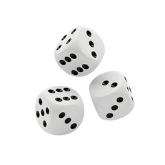 Three white dice with black spots stand out against a transparent background, ideal for games, gambling themes, and design elements.