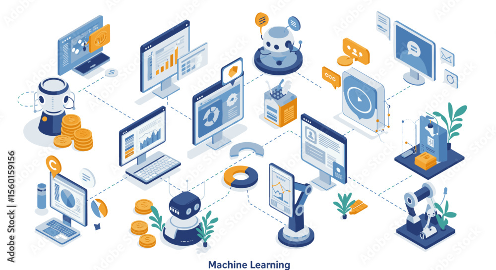 Poster machine learning concept vector illustration with ai and data analytics in isometric style for tech 