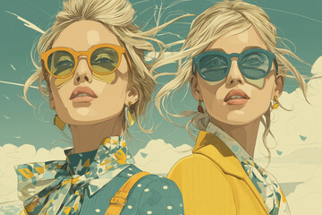 Stylish Duo in the Sunshine: Two chic figures, exuding confidence and allure, sport fashionable sunglasses against a clear, sunlit backdrop, capturing the essence of effortless elegance.
