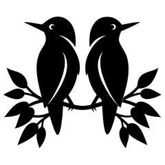 Elegant Black Silhouette of Two Birds Perched on Branch with Leaves