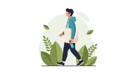 Young Man Walking Holding Reusable Bag and Phone in Nature Setting