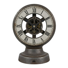 Obraz premium An antique table clock with visible gears showcases a vintage aesthetic and serves as a decorative timepiece with Roman numerals, transparent background