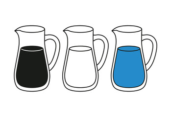 Three pitchers with different colored liquids black white and blue