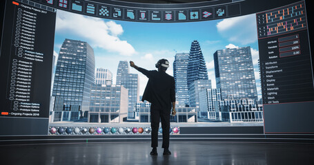 Architectural Designer in a VR Headset Creates a Panoramic City AI Design Based on Engineering Data...
