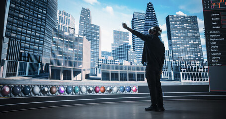 Young Architect Wearing a Virtual Reality Headset and Using Controllers for Creating an Urban City....